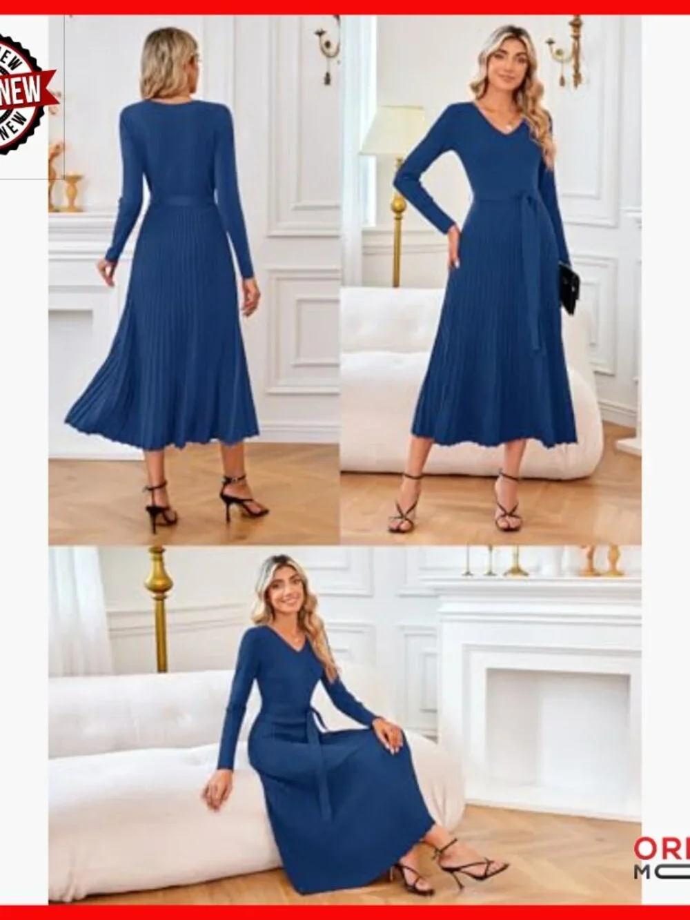 Wool Blend Tie Waist Pleated Sweater Dress Long Sleeve V Neck A Line